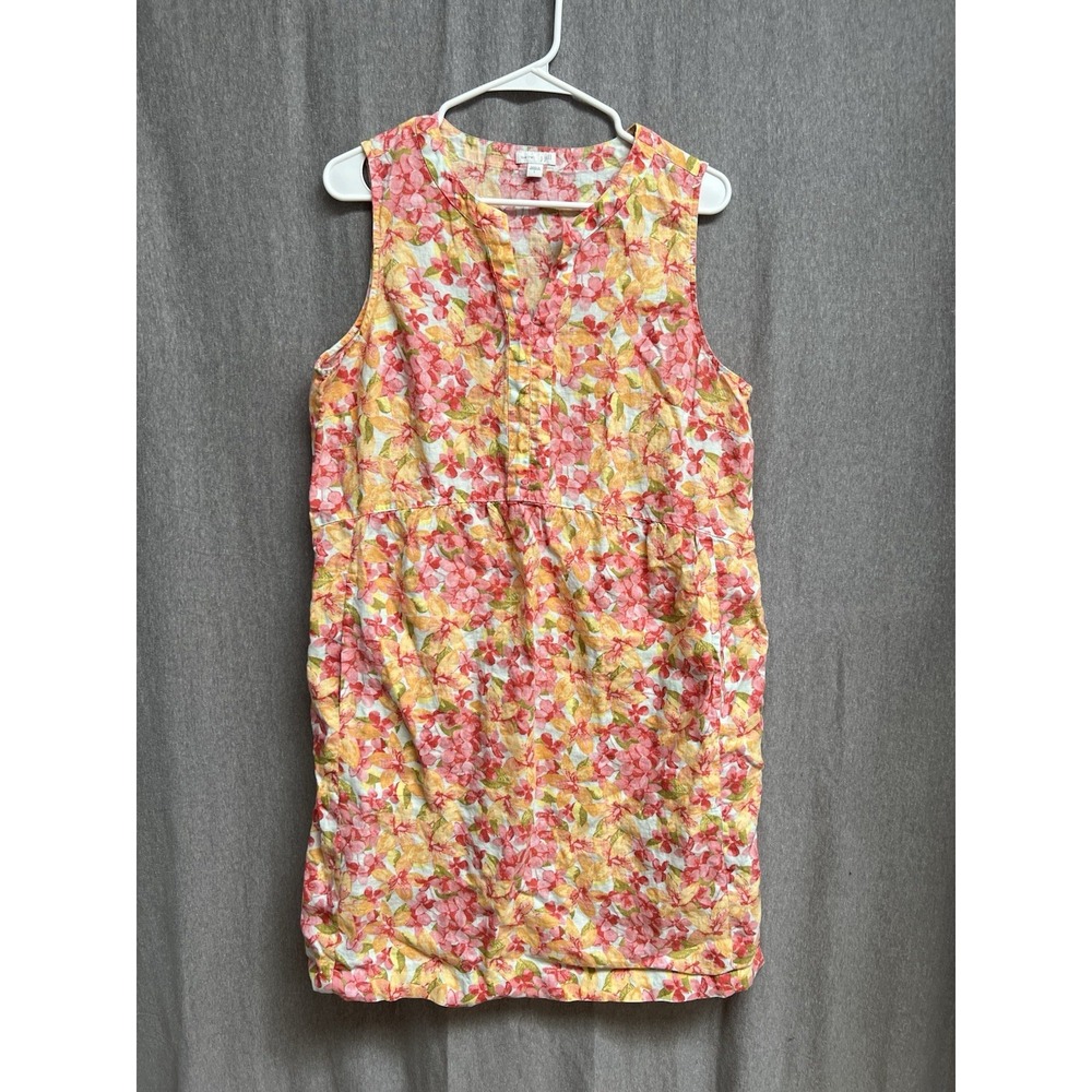 J.Jill Love Linen Pink Yellow Floral Sleeveless Dress Large Resort Beach
